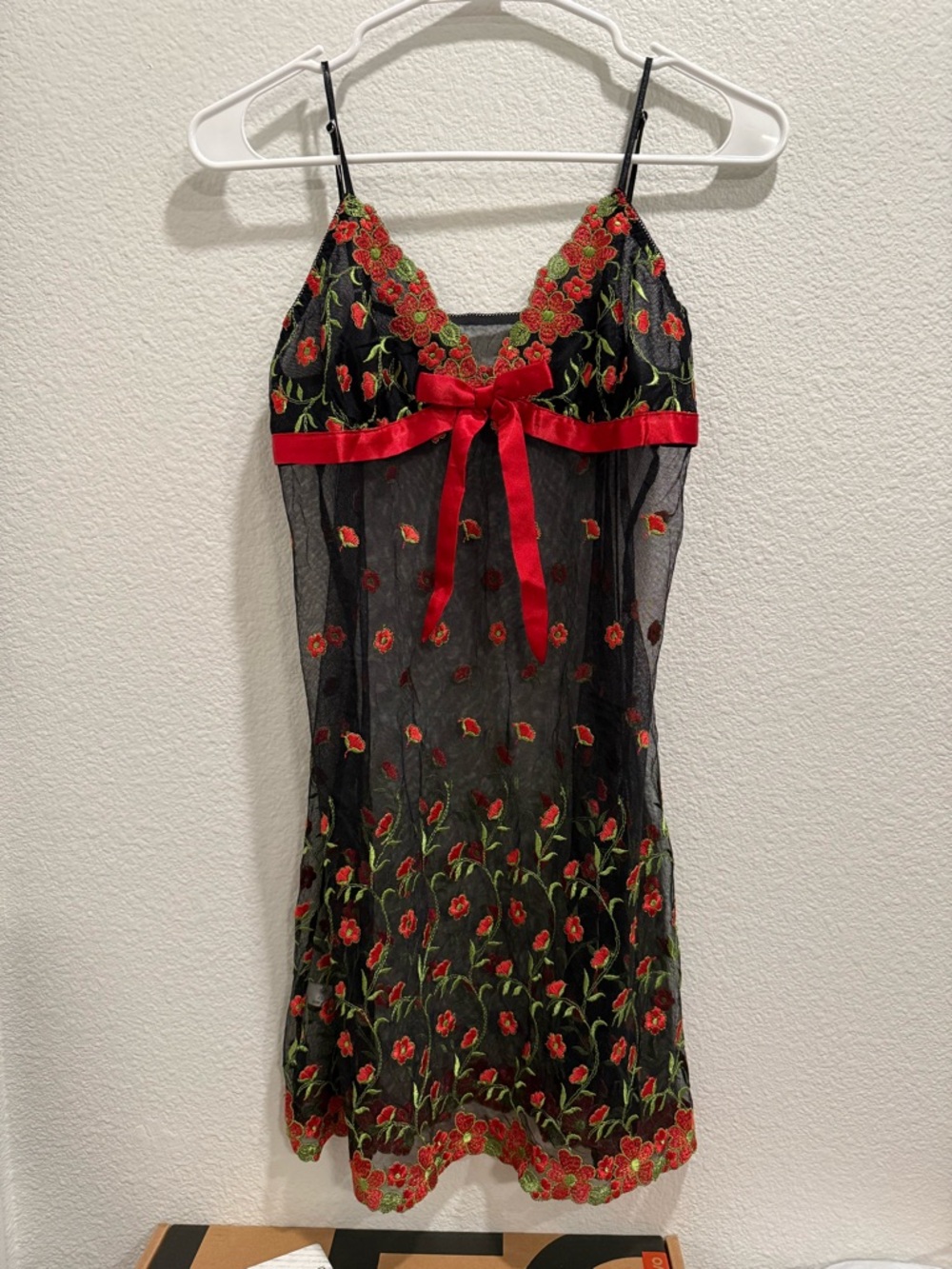 Black Sheer Floral-Embroidered Chemise with Red Accents